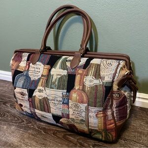 Vintage Bueno Weekender Doctor Bag with Tapestry/Carpet Wine Bottle Design
